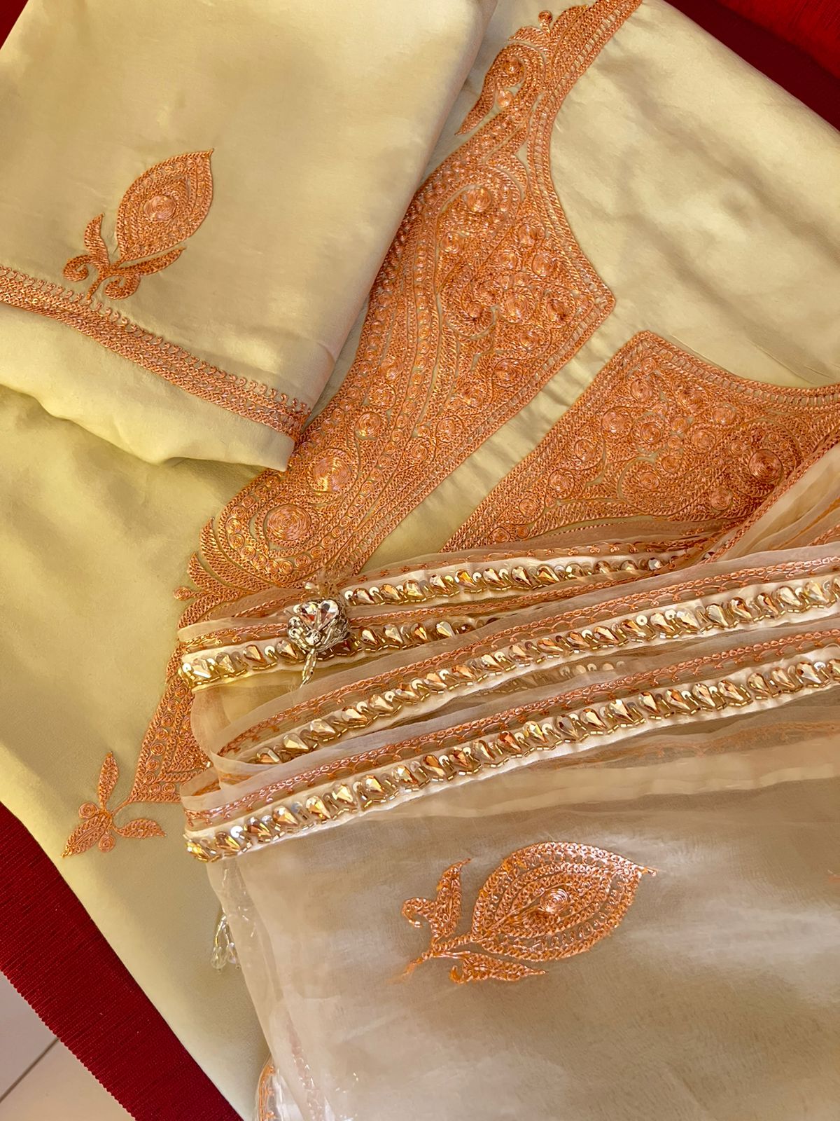 Hand Embroidered Kashmiri Tilla Light Green Suit Set - Made to order