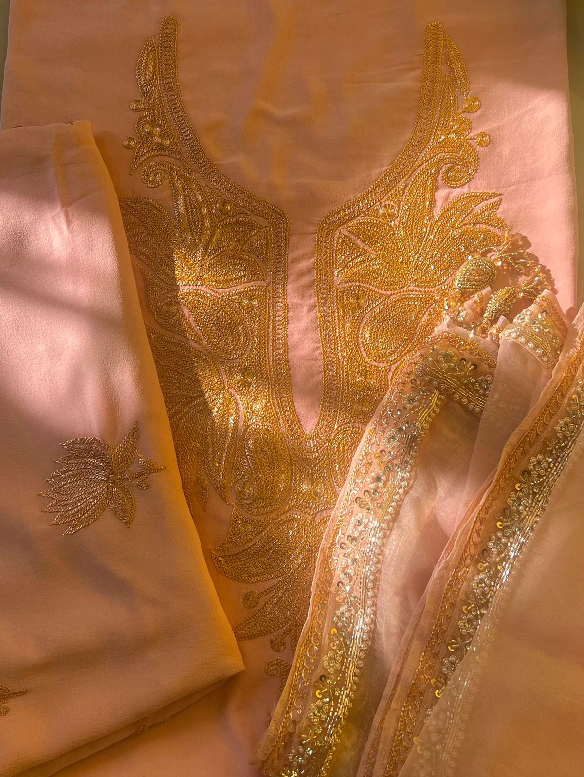 Hand Embroidered Kashmiri Tilla Blush Pink Suit Set - Made to order